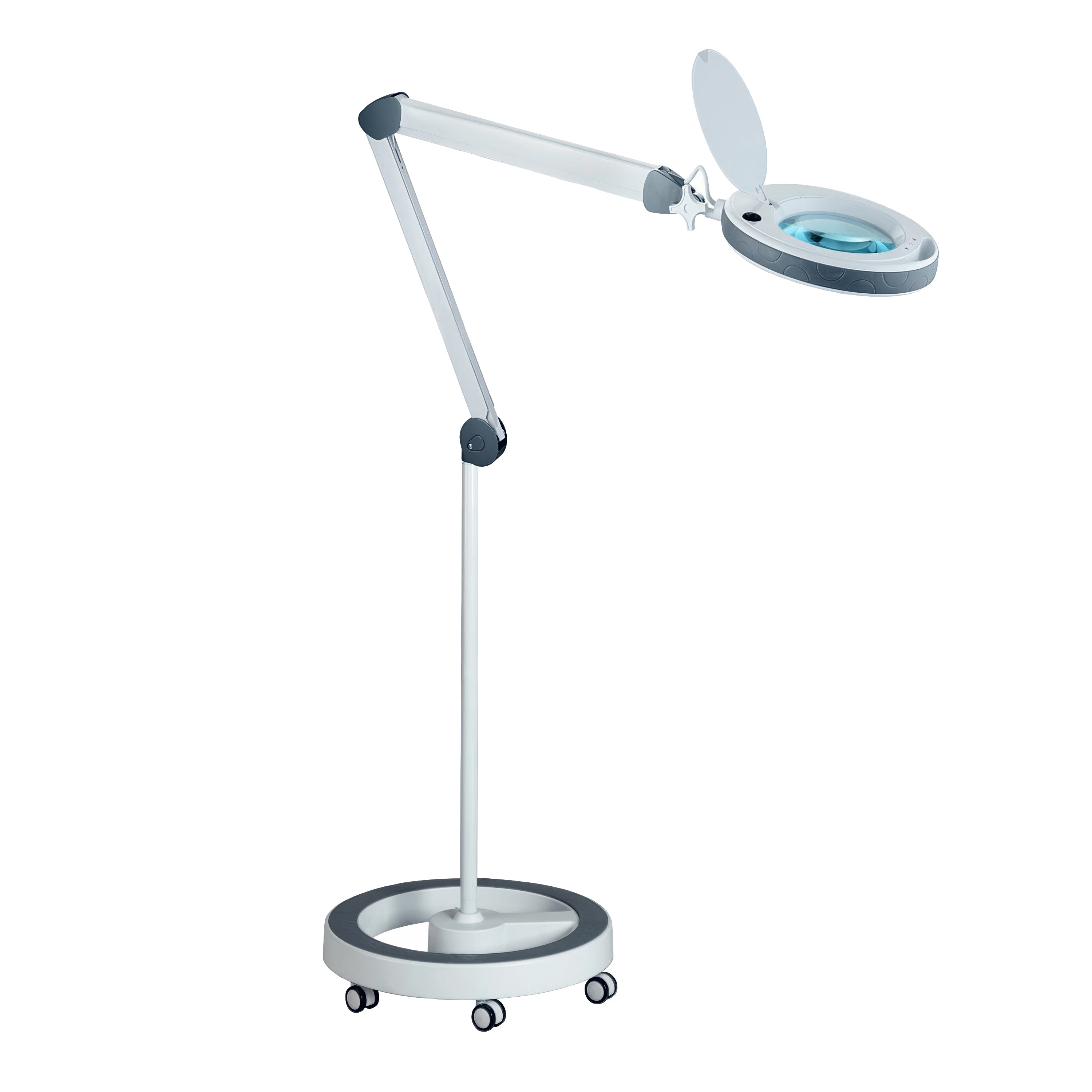 Lampada con lente d'ingrandimento LED Lumeno 851X con stativo a rotelle mobile - posizionamento flessibile per cosmetica, nail design e pedicure, con luce LED dimmerabile a 5 livelli