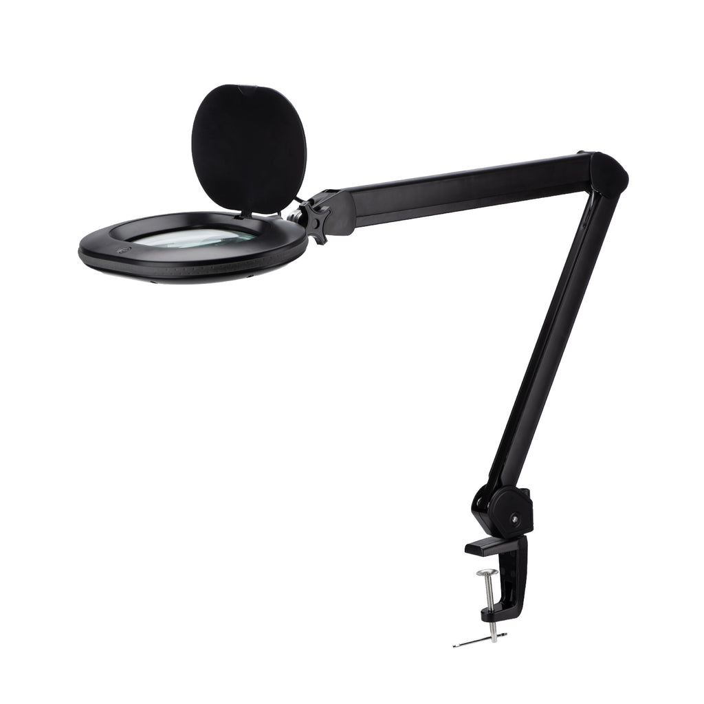 Lampada Lumeno 8613 in nero con 3 diottrie e morsetto da tavolo