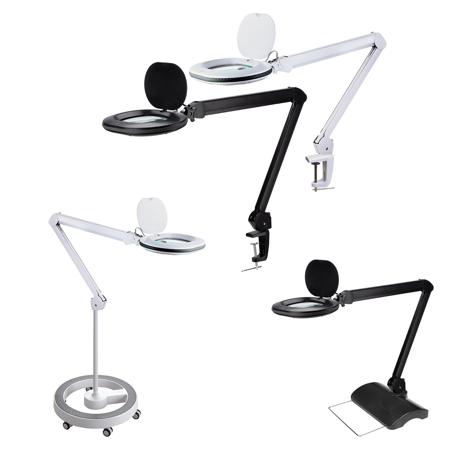 Lampe-loupe Lumeno 861X : versions avec pince de table, statif roulant et socle de table