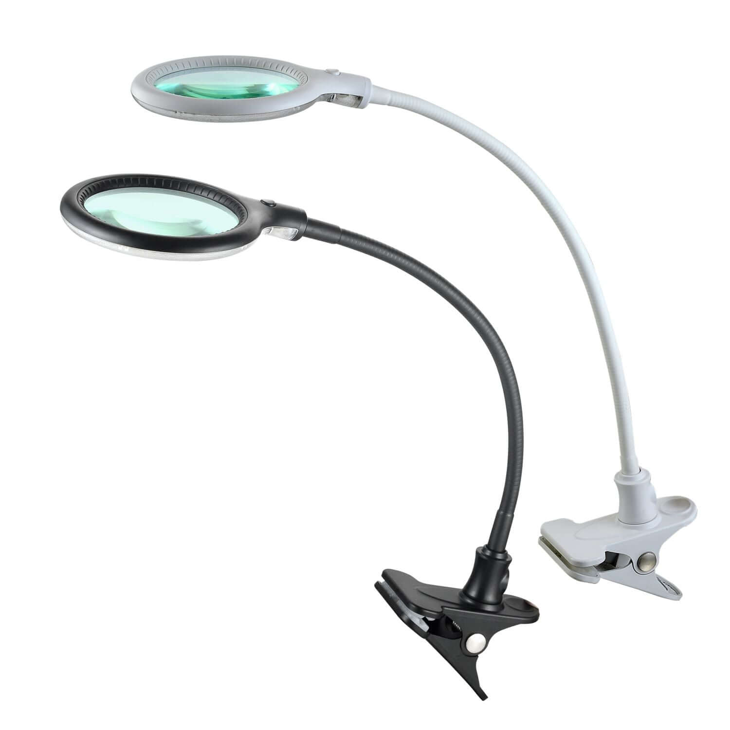 Lampe à pince LED Lumeno 680X avec col de cygne flexible, en noir et blanc, idéale pour les travaux de précision.