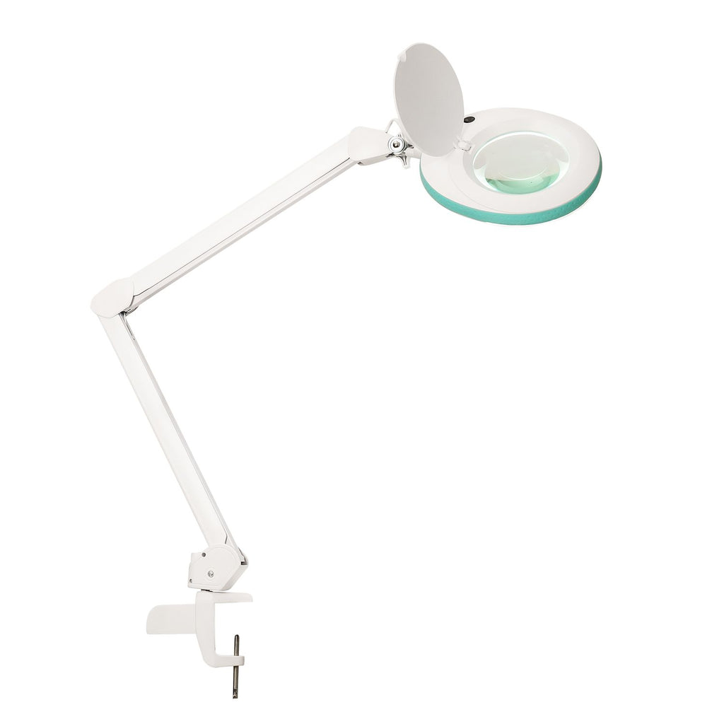 Lampe-loupe Lumeno 721X avec couvercle de lentille ouvert et pince de table