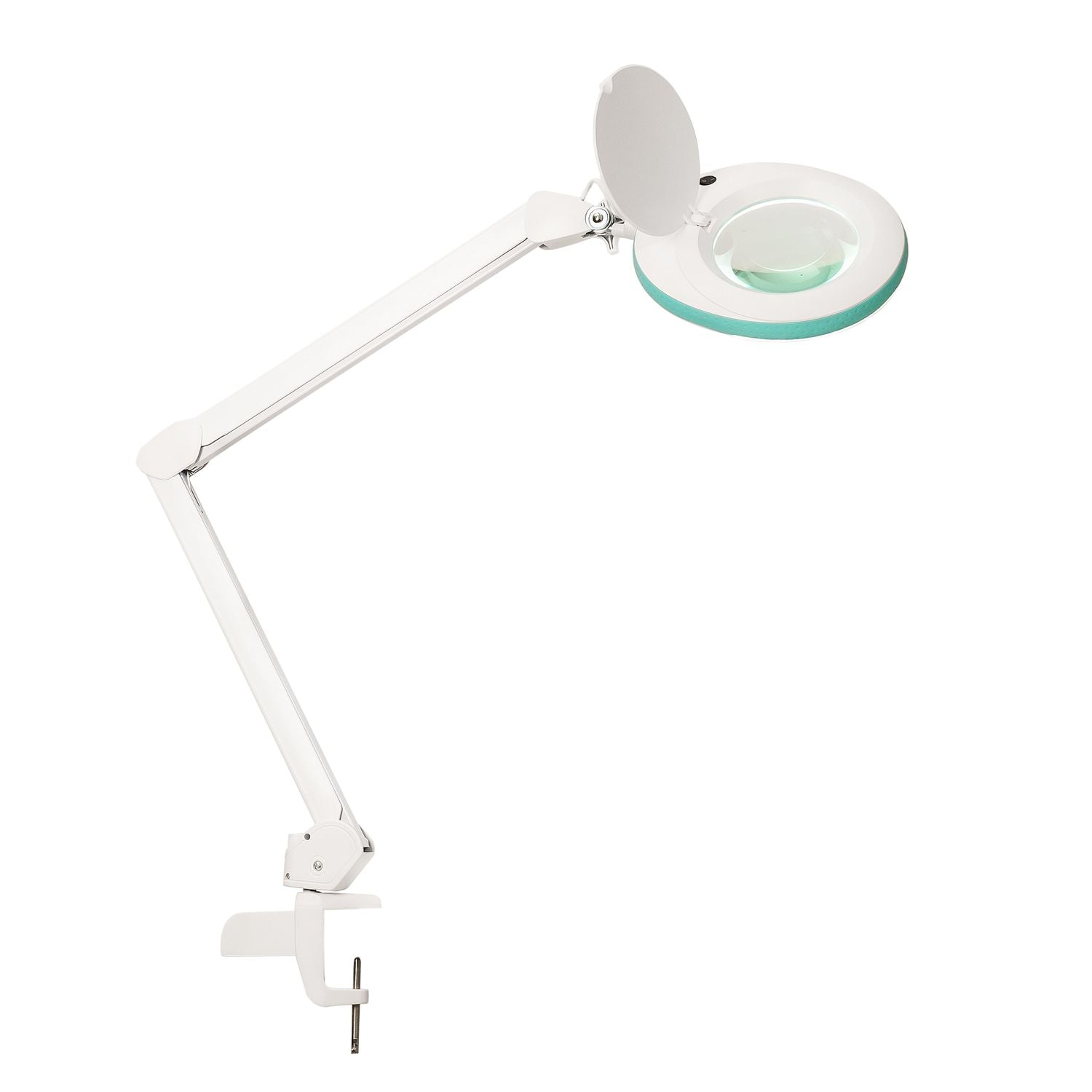 Lampe-loupe Lumeno 721X avec couvercle de lentille ouvert et pince de table