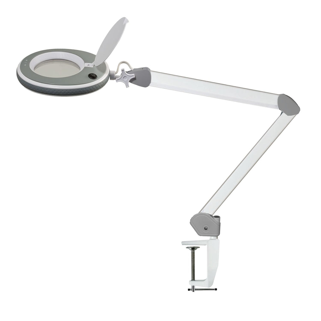 Lampada LED Lumeno 821X in grigio con morsetto da tavolo, vista laterale