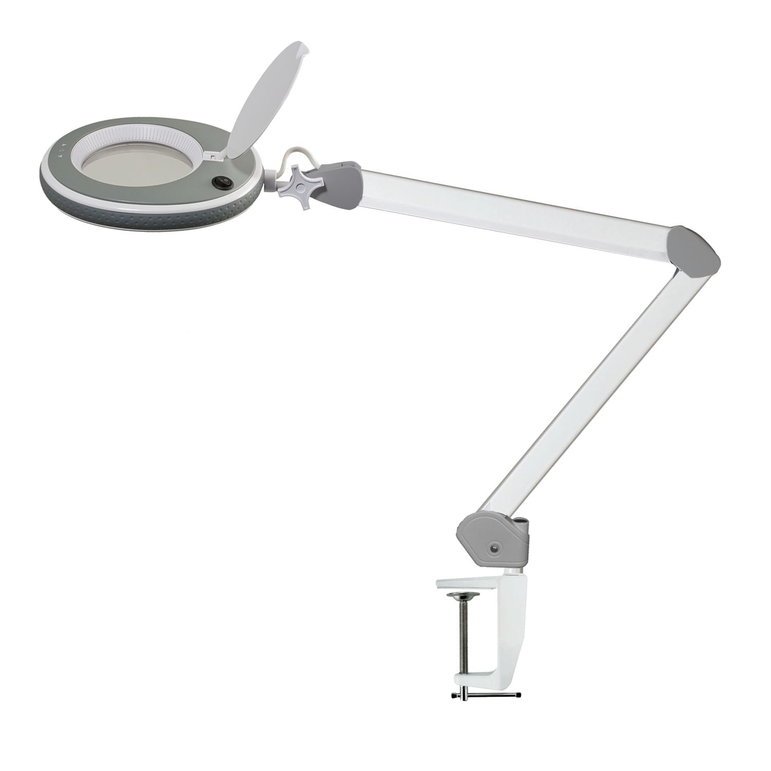 Lampe-loupe LED Lumeno 821X en gris avec pince de table, vue latérale