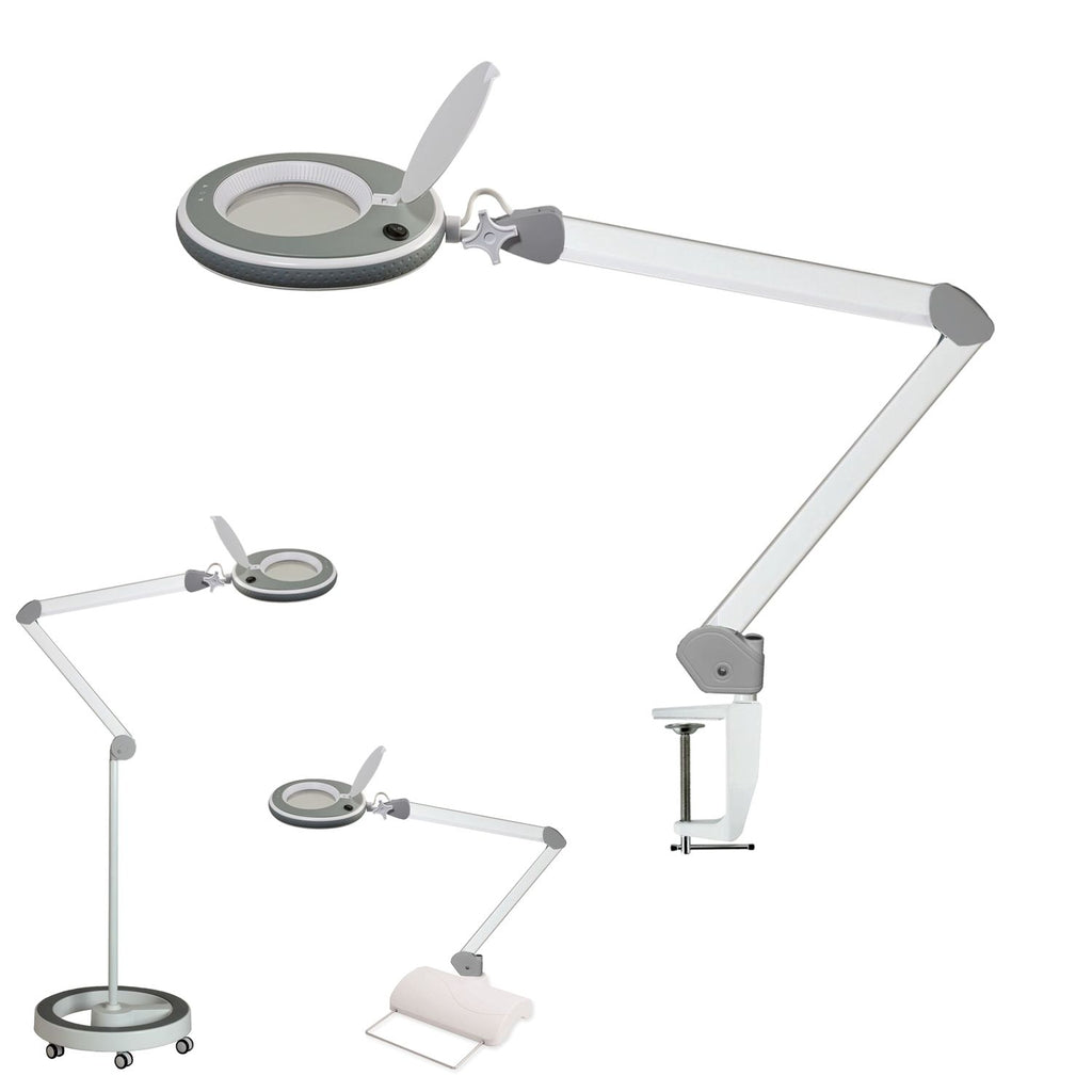 Lampada LED Lumeno 821X in grigio con morsetto da tavolo, vista d'insieme