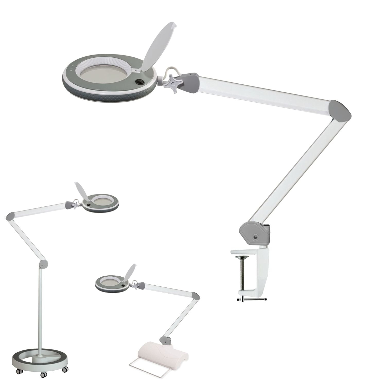 Lampe-loupe LED Lumeno 821X en gris avec pince de table, vue d'ensemble