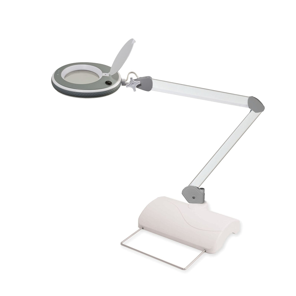 Lampada Lumeno 821X in grigio su base da tavolo bianca con braccio orientabile
