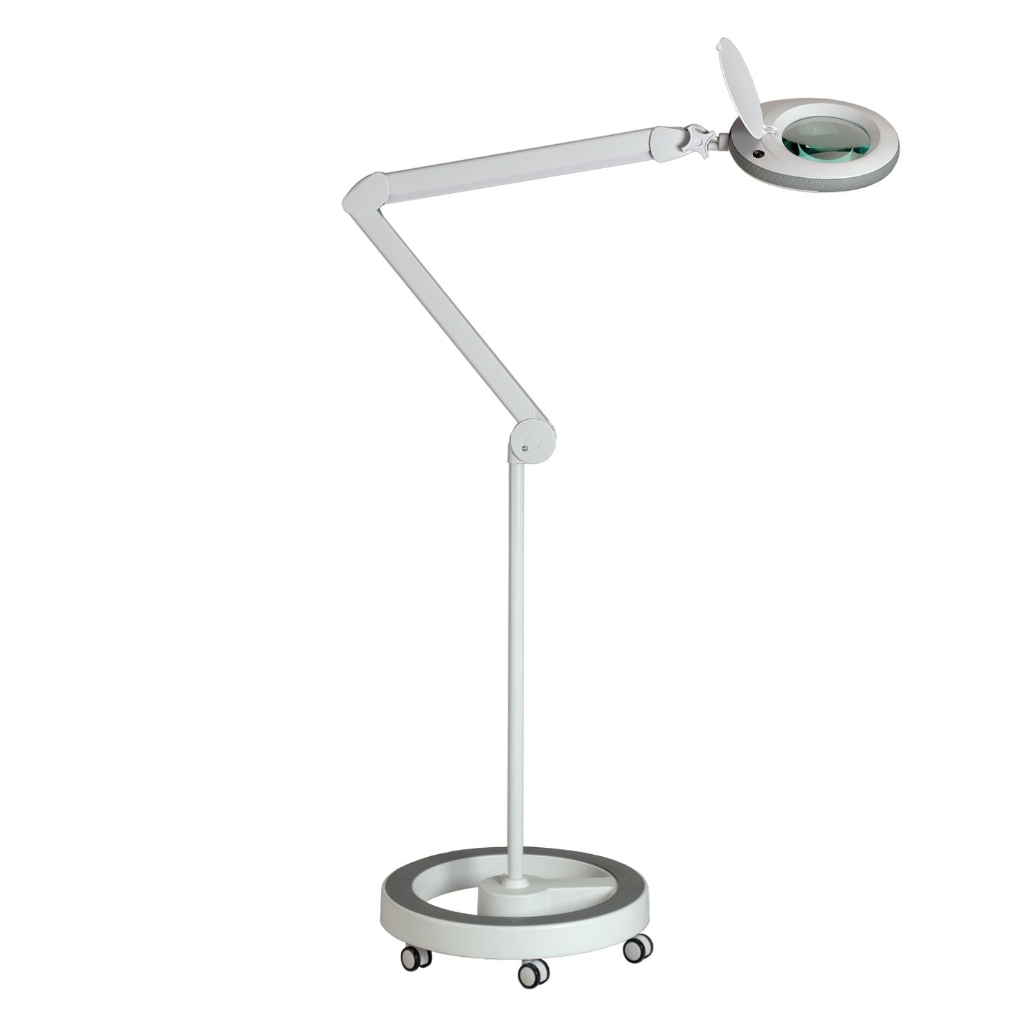 Lampe-loupe Lumeno en gris en set avec statif roulant, vue latérale