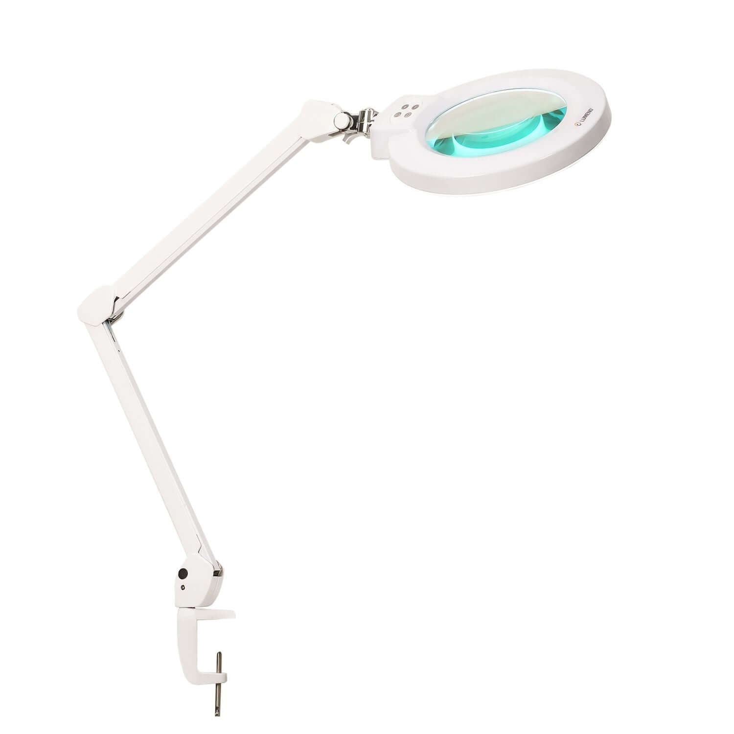 Lampe-loupe Lumeno 824XPRO montée sur le côté du poste de travail