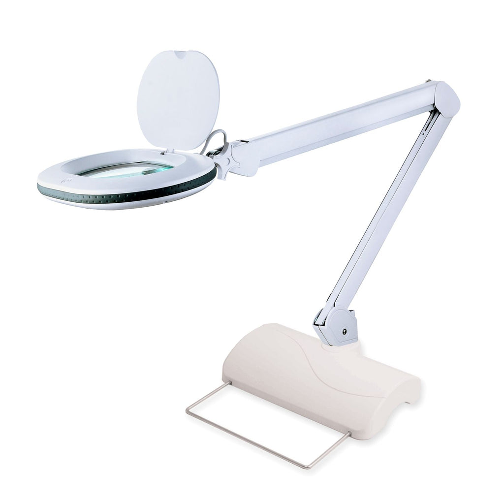 Lampada Lumeno 861X con lente ovale su base da tavolo bianca