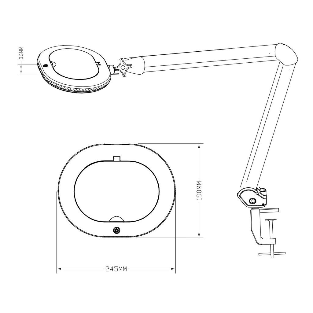 Disegno quotato Lumeno 861X: lente ovale 245 x 190 mm con morsetto da tavolo