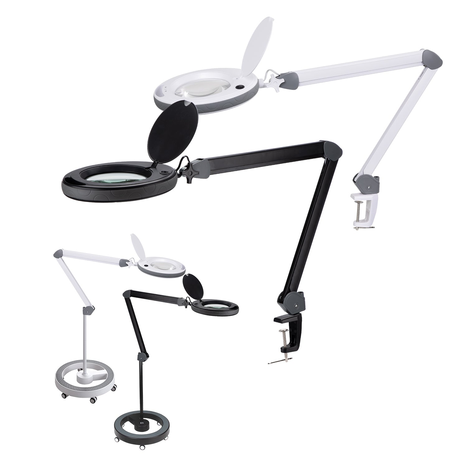 Lampada con lente d'ingrandimento LED Lumeno 851X in diverse versioni - con morsetto da tavolo o stativo a rotelle, in nero e grigio, per applicazioni professionali